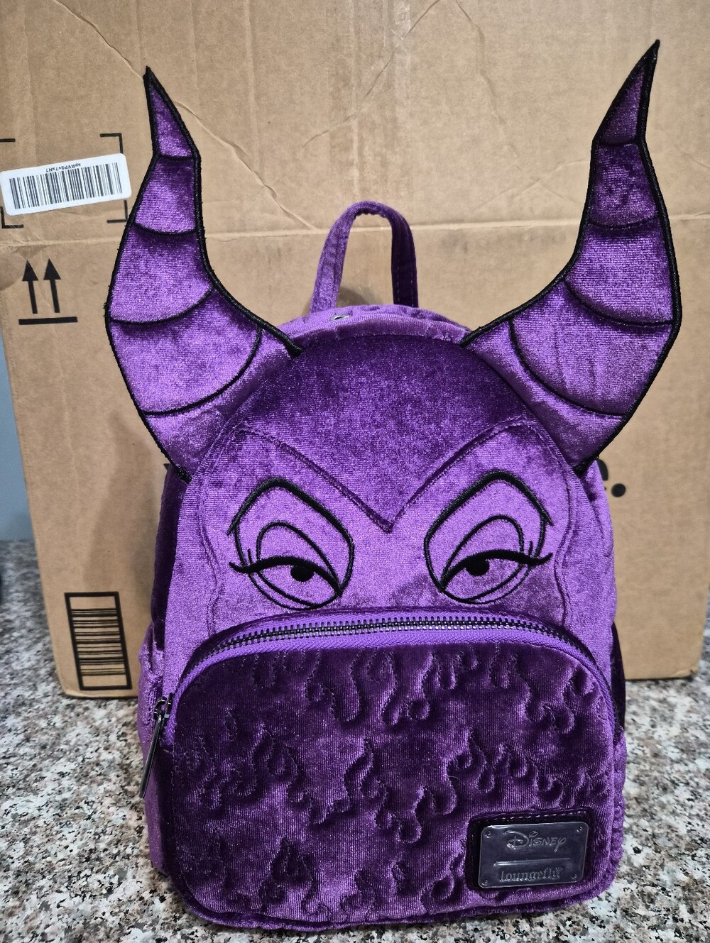 Disney Purple Velvet Loungefly Mini Backpack with Flame Emboss